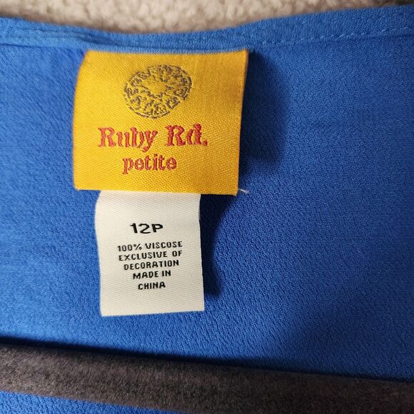 Ruby Rd Petite Blue Pullover Blouse - tie neck and 3/4 length sleeves Size 12P - Picture 3 of 6